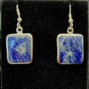 Vintage SI 925 Silver & Sodalite Drop Earrings Rectangular Estate Hook Earwires
